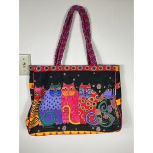 Laurel Burch Cat Feline Friends Tote Bag Artsy Canvas Braided Strap Cat Lady